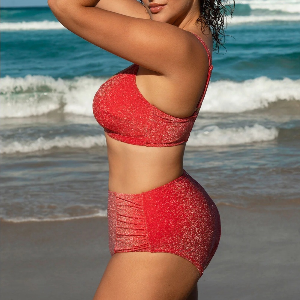 Berlook Red Lurex Cut Out Plus Size Bikini Top And Bottom - Picture 4 of 10